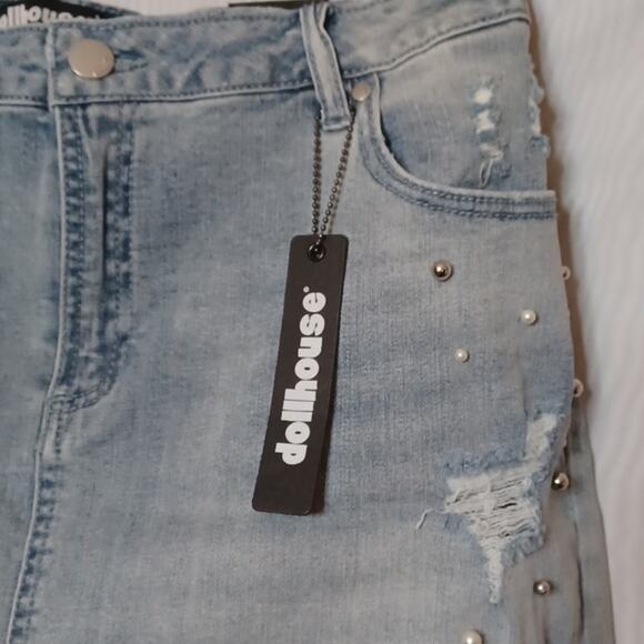 Dollhouse Denim Distress Jeans Skirt With Silver & Pearly Beads. Size 20 - Picture 6 of 16